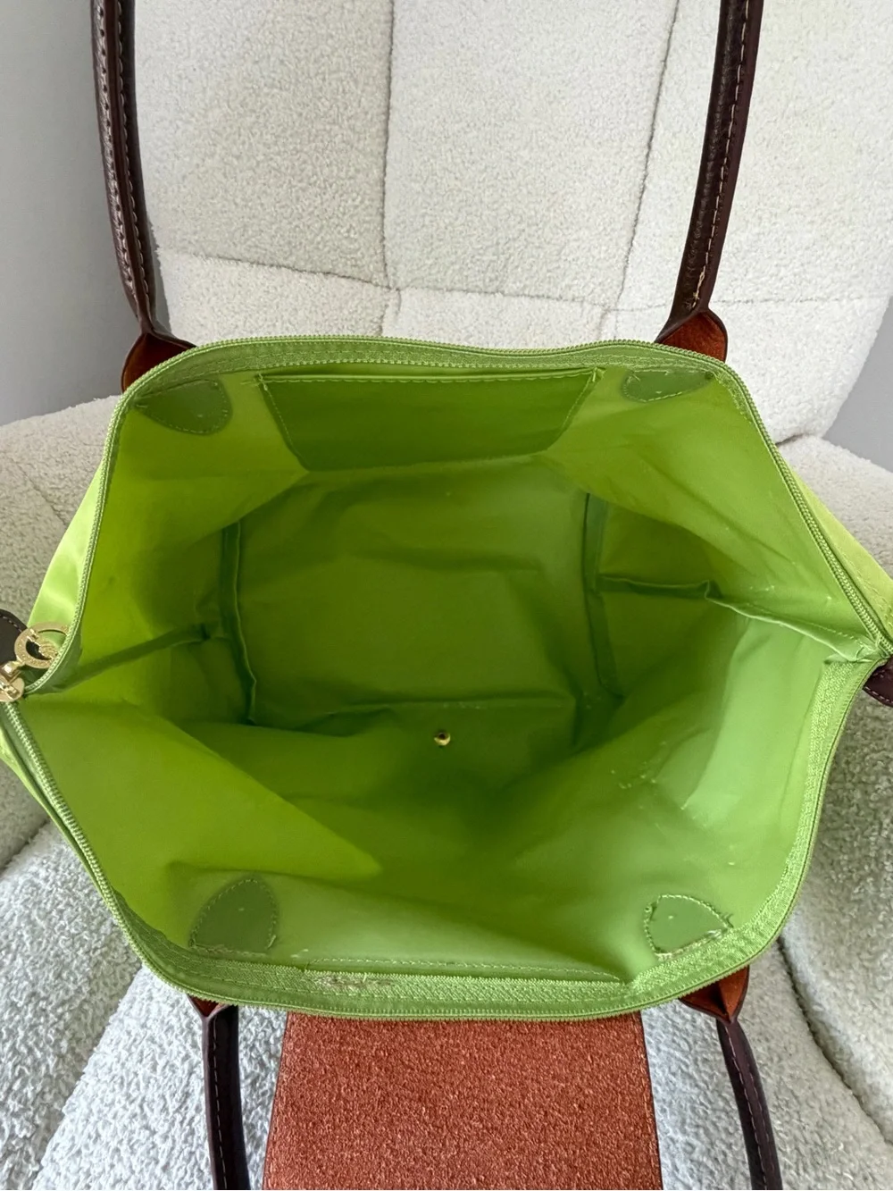 Longchamp Lime Green Nylon Tote with Brown Leather Handles